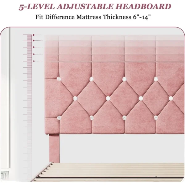 Full Size Bed Frame, Upholstered Platform with Adjustable Diamond Tufted Headboard, Wood Slat Support,No Box Spring Needed, Pink - Image 5