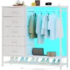 Dresser for Bedroom, Dresser with Hanging Rack Led Lights and Charging Station, White Bedroom Dresser with 5 Fabric Chest