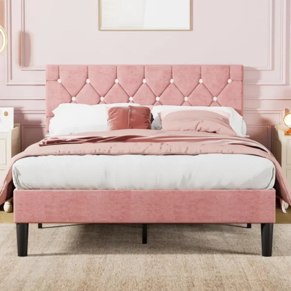Full Size Bed Frame, Upholstered Platform with Adjustable Diamond Tufted Headboard, Wood Slat Support,No Box Spring Needed, Pink
