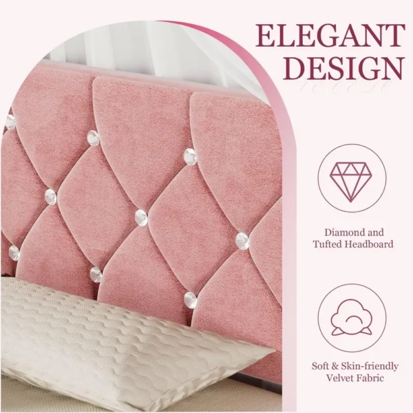 Full Size Bed Frame, Upholstered Platform with Adjustable Diamond Tufted Headboard, Wood Slat Support,No Box Spring Needed, Pink - Image 4