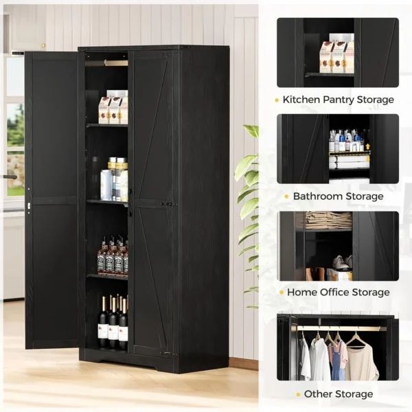 Wardrobe Closet with Doors 72" Armoire Wardrobe Cabinet, Dark Black Bedroom Storage Cabinet with Hanging Rod for Pantry, Kitchen - Image 5