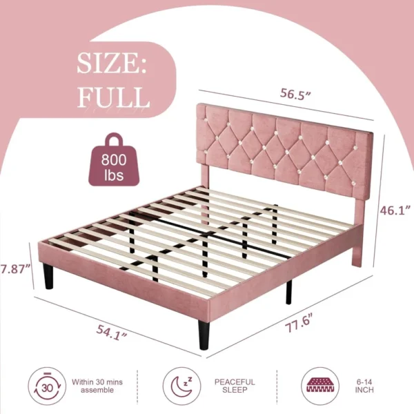 Full Size Bed Frame, Upholstered Platform with Adjustable Diamond Tufted Headboard, Wood Slat Support,No Box Spring Needed, Pink - Image 2