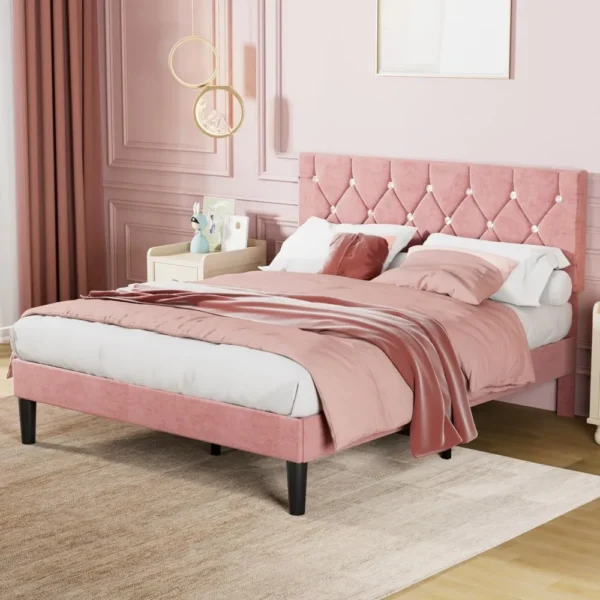 Full Size Bed Frame, Upholstered Platform with Adjustable Diamond Tufted Headboard, Wood Slat Support,No Box Spring Needed, Pink - Image 3
