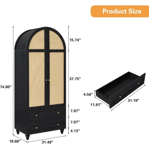Wardrobe Closet, Rattan Freestanding Bedroom Armoire 2 Drawers and Hanging Rod, 74.8” Tall Wardrobe Storage Cabinet (Black) - Image 6